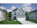 Charming two-story home featuring light green siding, a black front door, and a two-car garage at 243 Meadowbark Bnd # 28, Garner, NC 27529