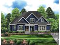 Exterior rendering of a beautiful two story home with blue siding, stone accents, a dark gray roof and manicured landscaping at 249 High Ridge Ln, Pittsboro, NC 27312
