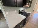 Modern kitchen featuring stainless steel appliances, sleek black cabinets, and white quartz countertops at 1116 Shadywood Ln, Raleigh, NC 27603