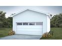 Detached white garage features a large door with windows, surrounded by green grass and flowering plants at 101 Parkland Dr, Pittsboro, NC 27312