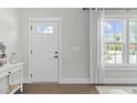 Bright entryway featuring a white front door with glass panels and a hardwood floor at 2801 Landon Ridge Dr, New Hill, NC 27562