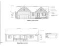 Architectural drawing of front elevation showing brick foundation, garage, and 6