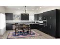 Modern kitchen with sleek dark cabinetry, stainless steel appliances, and decorative chandelier at 735 Alexander Ave, Henderson, NC 27536