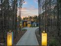 Scenic view of a modern home with a long driveway winding through a lush, wooded landscape at dusk at 336 Timberline Dr, Pittsboro, NC 27312