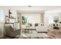 An open concept living and dining area featuring a white sectional couch, fireplace, and dining table at 1569 Goldfinch Perch Ln, Knightdale, NC 27545