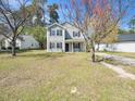 Inviting two-story home with a spacious front yard, light siding, and classic black shutters at 106 Mingocrest Dr, Knightdale, NC 27545