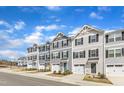 Street view of townhomes with colorful exteriors, garages, and landscaped front yards under a blue sky at 1107 Pale Moss Dr, Durham, NC 27704