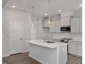 Modern kitchen features a spacious island, stainless steel appliances, and sleek white cabinetry at 303 Old Fashioned Way, Lillington, NC 27546