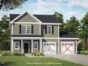 Rendering of a two-story home featuring gray siding, black shutters, a two-car garage, and manicured landscaping at 205 Regis Ln # 11, Coats, NC 27521