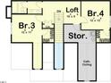 Upstairs floor plan featuring two bedrooms, loft and a storage area, with bathroom, linen closet and stairs down to the first floor at Lot 15H Good Shepherd Trl, Spring Hope, NC 27882