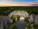 Beautiful aerial shot of a multi-Gathering home surrounded by mature trees and a meticulously landscaped courtyard at 10400 Rosegate Ct # 3, Raleigh, NC 27617