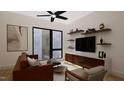 Comfortable living room with modern furniture, including a brown sofa and armchairs at 512 Gordon St # 404, Durham, NC 27701