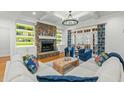 Bright living room features a stone fireplace, built-ins, and french doors at 1009 High Trail Ct, Wake Forest, NC 27587