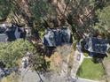 Aerial shot showcasing the property, surrounding trees, and neighborhood layout at 4815 Fortunes Ridge Dr, Durham, NC 27713