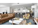 Bright living room with open floorplan features a modern kitchen and stylish decor at 110 N Corcoran St # 2502, Durham, NC 27701