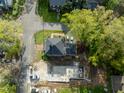 Aerial view of home showing new home foundation, mature trees, and neighborhood at 2603 Vineyard St, Durham, NC 27707