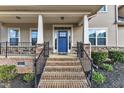 Inviting front entrance with brick steps, black iron railings, stone columns and a bright blue front door at 208 Tarkenton Ct, Clayton, NC 27527