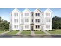 Charming townhome with a modern facade, complemented by a well-manicured lawn and landscaped pathway at 1543 Crescent Townes Way, Raleigh, NC 27604