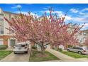 Townhome front view with flowering tree and attached garages on a bright, sunny day at 208 Chandler Chase Ct, Morrisville, NC 27560