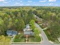 Aerial view showcasing this home's location within a lush, green neighborhood, highlighting its serene and private setting at 8000 Old Deer Trl, Raleigh, NC 27615