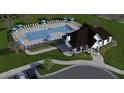 Aerial view of community pool with lounge chairs, umbrellas, clubhouse, and landscaped surroundings at 1904 Harrell Cove Ct # 173 Eldorado Cl, Fuquay Varina, NC 27526