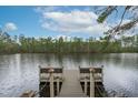 View of a private wooden dock extending into a calm lake, surrounded by lush greenery and a clear blue sky at 2922 Bells Pointe Ct, Apex, NC 27539