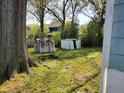 Backyard showcasing a quaint playhouse and a storage shed, nestled among mature trees at 109 Plainview Ave, Raleigh, NC 27604