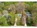 Beautiful aerial view of the neighborhood with mature trees and a private pool at 2868 Anfield Rd, Raleigh, NC 27606