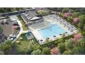 Aerial view of a large community pool, splashpad, and lounge area surrounded by flowering trees at 184 Sprenger St, Garner, NC 27529
