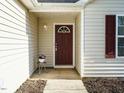 Close-up of front porch area showcasing entrance with a decorative flower pot, light fixture, and storm door at 202 Providence Hall Dr, Sanford, NC 27330