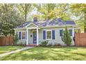 Quaint single-story home with a manicured lawn, complemented by blue shutters and a welcoming facade at 315 Greenwood Dr, Durham, NC 27704