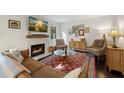Cozy living room featuring a fireplace, mounted TV, stylish furniture, and a patterned rug on dark wood floors at 19 Lansgate Ct, Durham, NC 27713