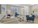 Open living room features a light sofa, stylish blue chairs, and a view to the entry at 5110 Neuse Commons Ln # 109, Raleigh, NC 27616