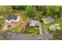 An aerial view shows a house with a neatly kept lawn and a driveway in a neighborhood setting at 505 Forest Road Rd, Oxford, NC 27565