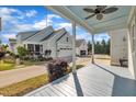 Spacious covered porch featuring a blue ceiling and views of the manicured yard at 39 Drayton St, Clayton, NC 27527
