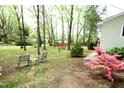 An ample shady backyard with mature trees, flowering bushes, and two wrought iron chairs at 505 E Graham St, Mebane, NC 27302