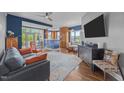 Stylish condo living room featuring wood floors, a cozy couch, and a modern ceiling fan at 618 N Boylan Ave # 304, Raleigh, NC 27603