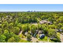 Aerial view showing homes nestled among lush trees and a skyline in the distance at 209 Dickens Dr, Raleigh, NC 27610
