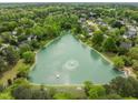 Picturesque aerial view of a serene pond surrounded by lush greenery and neighborhood homes at 112 Natchez Ct, Cary, NC 27519