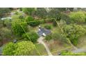 An aerial view shows a white home in a wooded area with a long driveway and estimated property lines at 119 Johnson St, Broadway, NC 27505