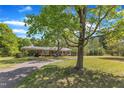 Brick ranch home with long driveway, carport, and mature trees in a lush green setting at 1213 Walnut St, Cary, NC 27511