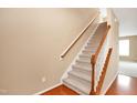 Carpeted staircase with wooden handrail and white spindles at 2 White Spruce Ct, Durham, NC 27703