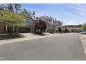 Scenic street view featuring a row of townhomes with manicured lawns and mature trees at 317 Castle Rock Ln, Cary, NC 27519