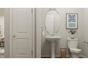 A well-lit half bath with a pedestal sink and decorative art at 472 Carolina Springs Blvd, Apex, NC 27539
