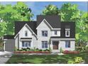 Rendering of a two-story home with gray brick, white trim, black roof, and landscaping at 7301 Wexford Woods Ln, Wake Forest, NC 27587