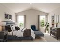 Bright bedroom with large windows, vaulted ceiling, tufted headboard, and neutral décor at 213 Landon Pl, Roxboro, NC 27573
