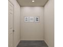 Minimalist hallway with light gray walls, gray laminate floors, and modern artwork for a clean, modern aesthetic at 52 Landon Pl, Roxboro, NC 27573