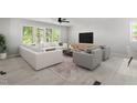 Bright living room boasts large windows, contemporary furniture, and a ceiling fan at 1514 Goodwin Rd, Durham, NC 27712