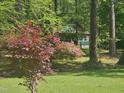 View of a two-story home with light blue siding among lush landscaping, trees, and a well-maintained lawn at 952 Glover Rd, Dunn, NC 28334