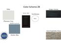 Color scheme featuring Platinum Gray siding, Harbor Blue accent, black shutters, white trim, and Ottawa stone at 90 Cordoba Dr, Franklinton, NC 27525